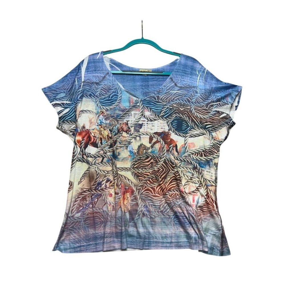 One World Womens 2X Western Rodeo Horse Graphic V-Neck Rhinestone Top Blue